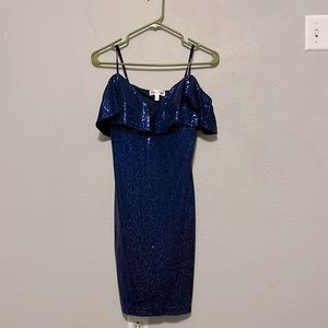 dark blue sequins dress off the shoulder sleeves